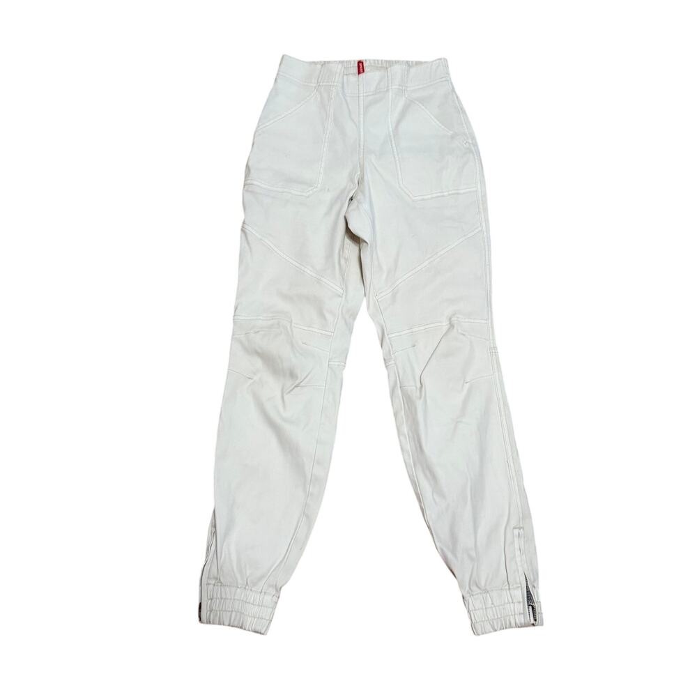 SPANX Stretch Twill Cargo Joggers off-white sz S hi-rise Ankle zip tummy contrl